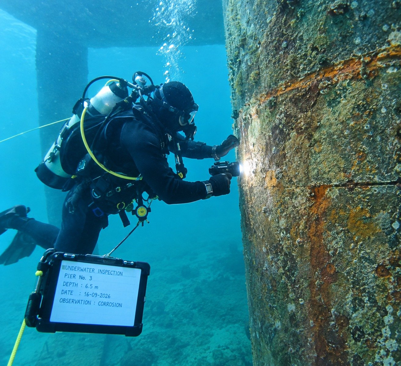 Inspector examining a welded steel joint on site